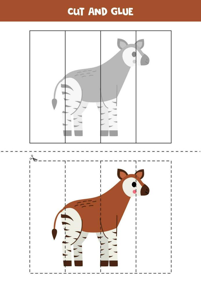 Cut and glue game for kids. Cute cartoon okapi. vector