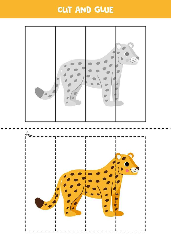 Cut and glue game for kids. Cute yellow leopard. vector