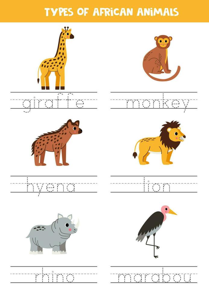 Tracing names of African animal types. Writing practice. vector