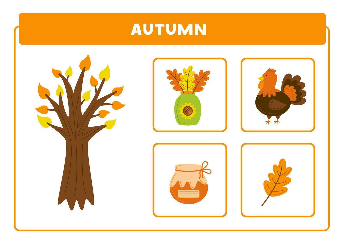 Learning season autumn, autumn tree, vase with leaves, turkey and jam. vector