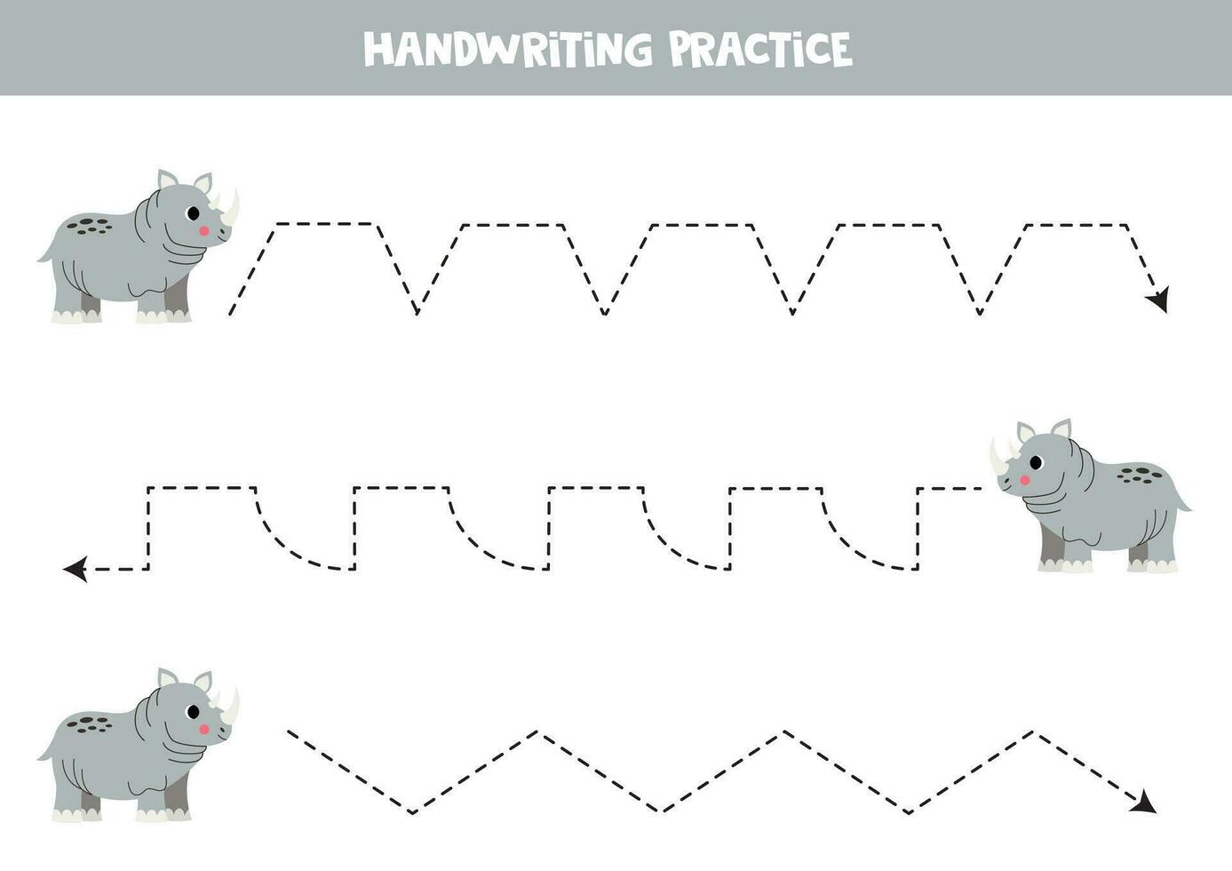 Tracing contours for kids. Cute rhinoceros. Handwriting practice. vector