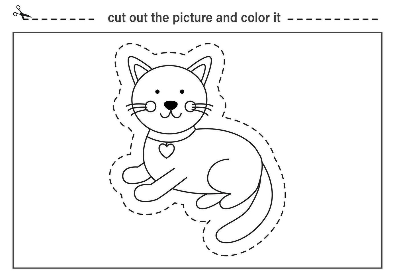 Cutting practice for kids. Black and white worksheet. Cut out and glue cute cat. vector