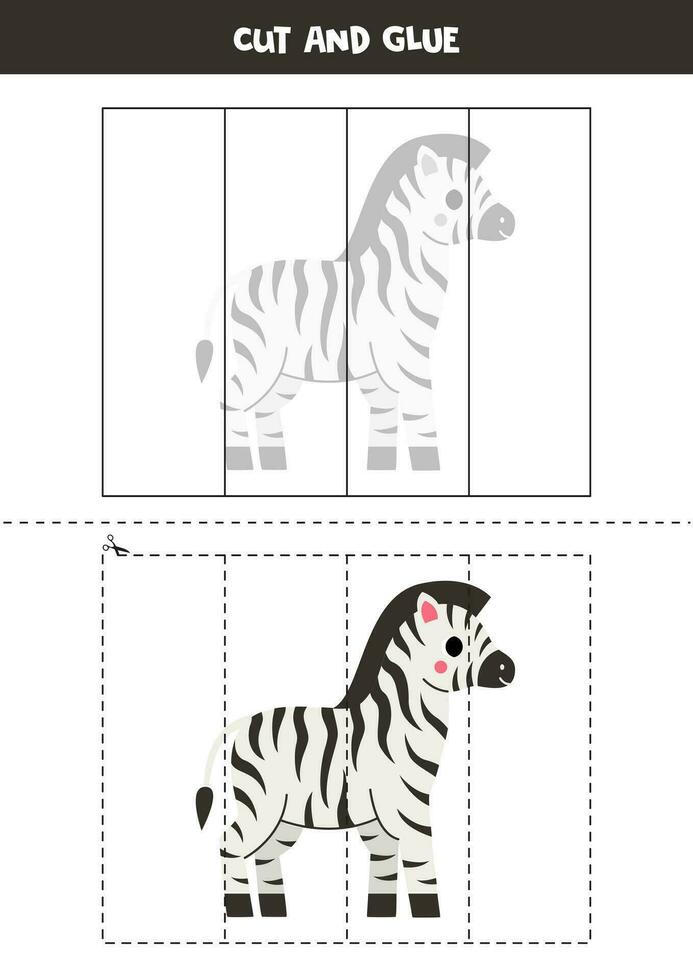 Cut and glue game for kids. Cute black and white zebra. vector