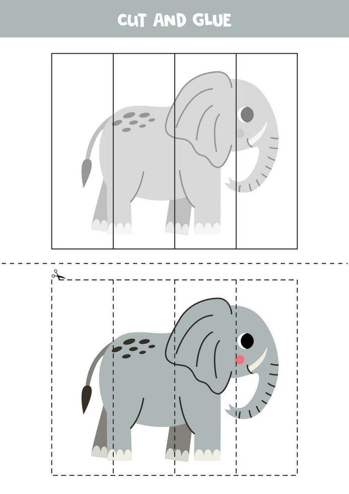 Cut and glue game for kids. Cute cartoon elephant. vector