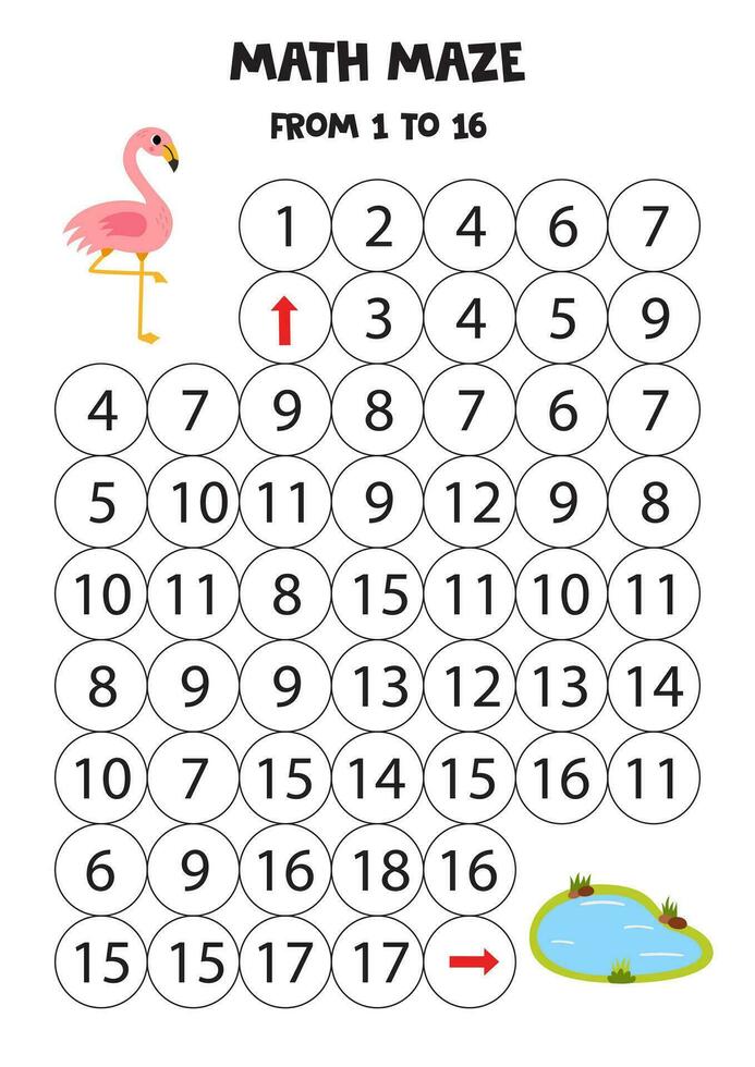 Get cute pink flamingo to water pond by counting to 16. vector