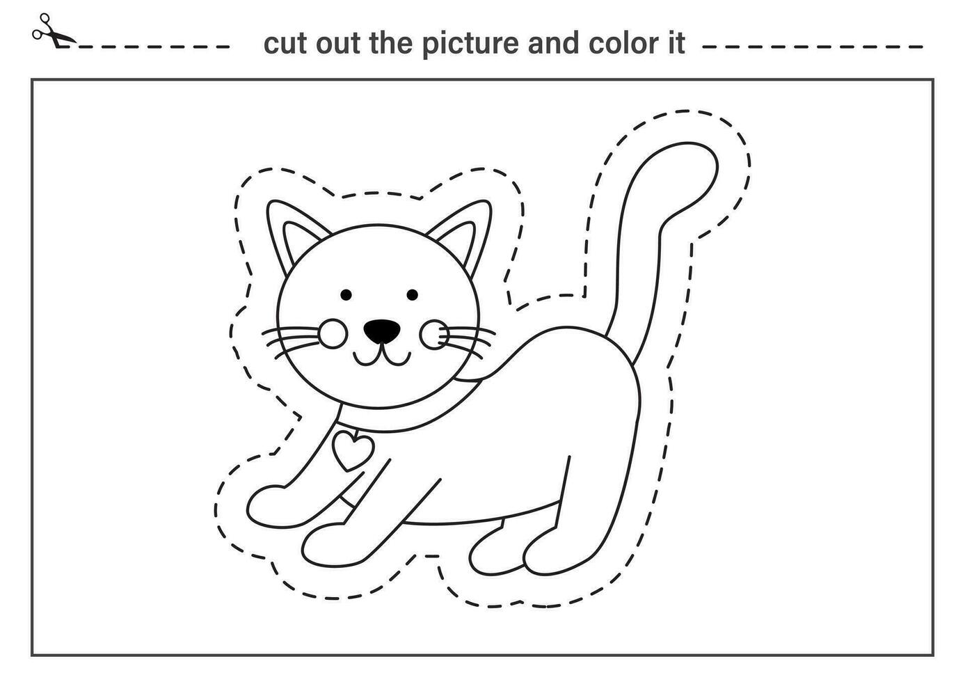 Cutting practice for kids. Black and white worksheet. Cut out and glue cute cat. vector