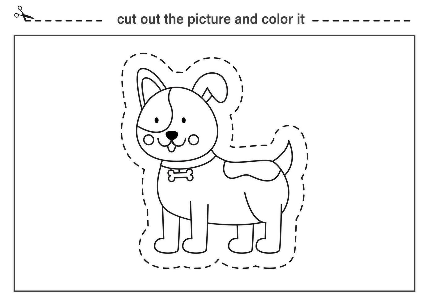 Cutting practice for kids. Black and white worksheet. Cut out and glue cute dog. vector