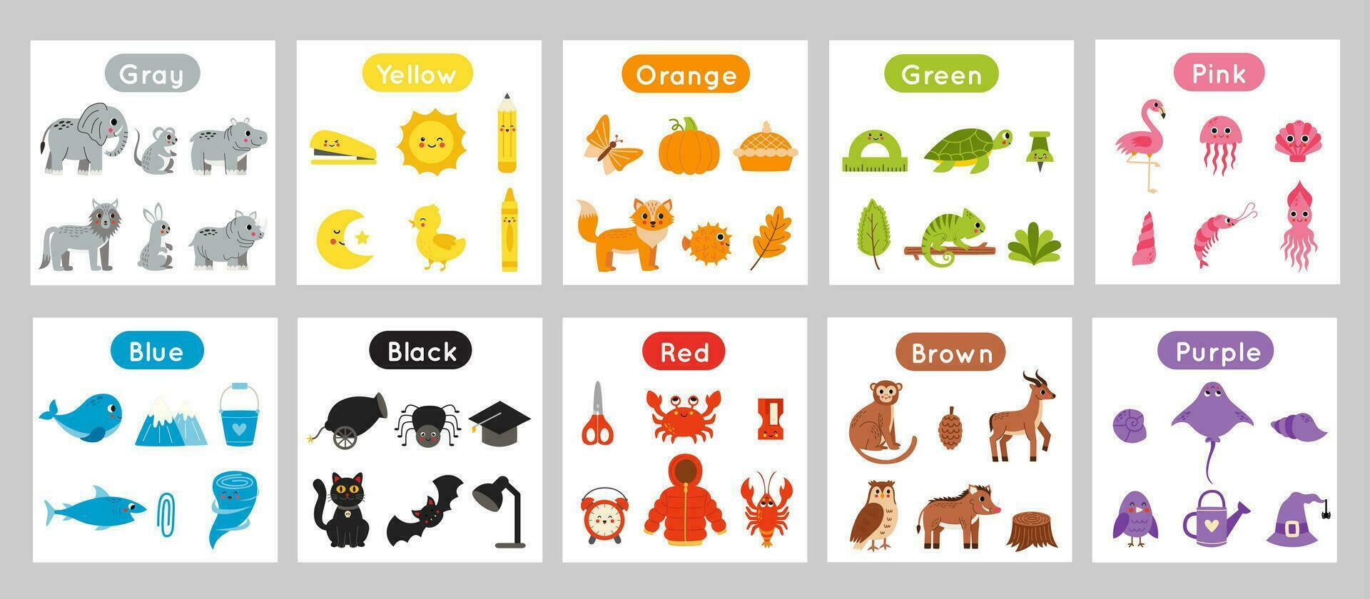 Collection of flashcards for learning colors for children. vector