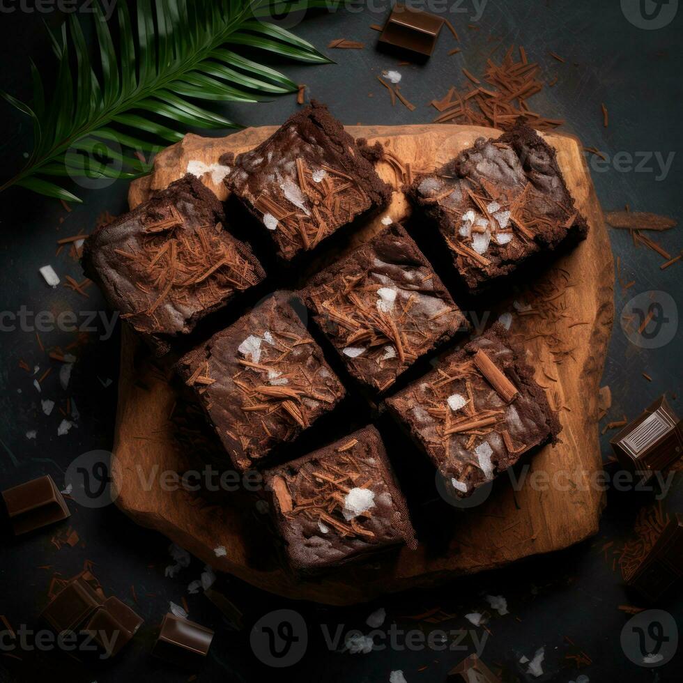 Healthy paleo style gluten free brownies made with sweet potato and coconut flour on a wooden table, selective focus. Generative Ai. photo