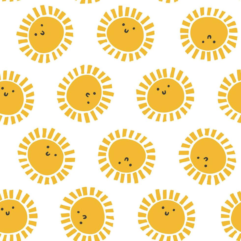 Cute smiling yellow sun seamless pattern. Childish fun summer vector illustration. Repeatable sunny texture in doodle style. Fabric, paper design, baby fashion design.