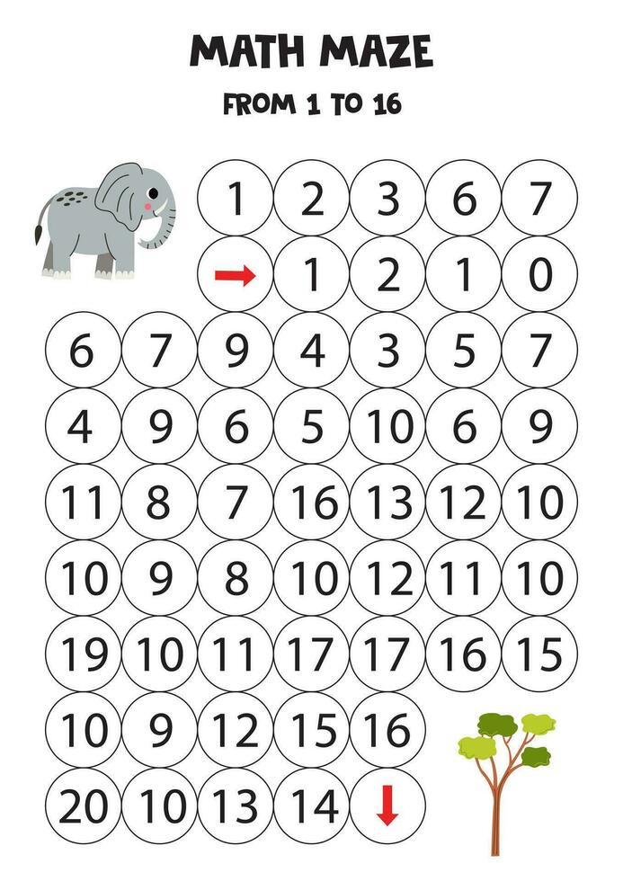 Get cute elephant to acacia tree by counting to 16. vector