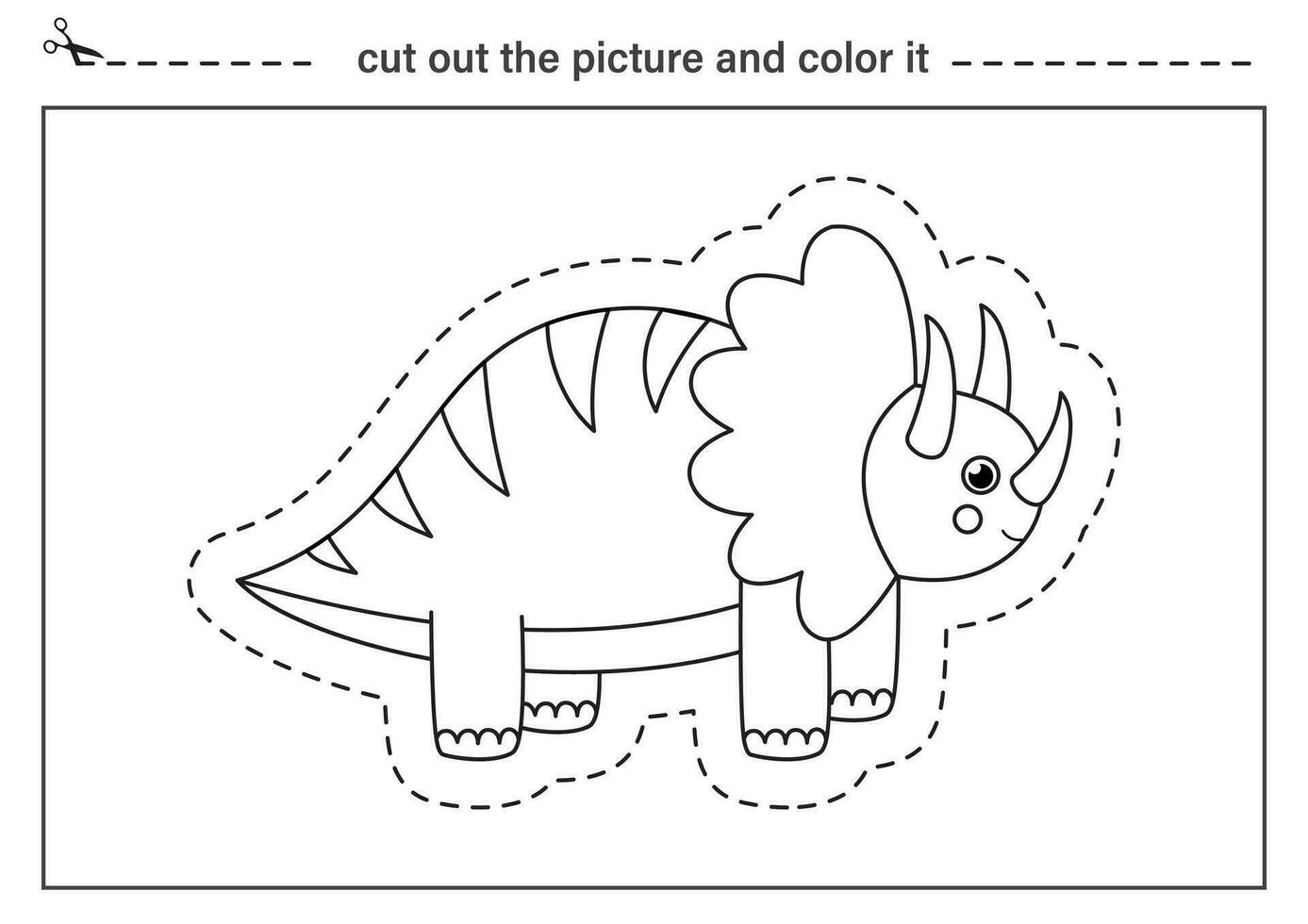 Cutting practice for kids. Black and white worksheet. Cut out and glue cute dinosaur. vector