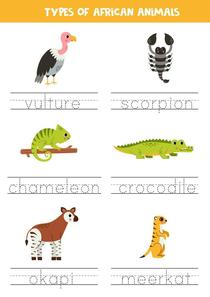 Tracing names of African animal types. Writing practice. vector