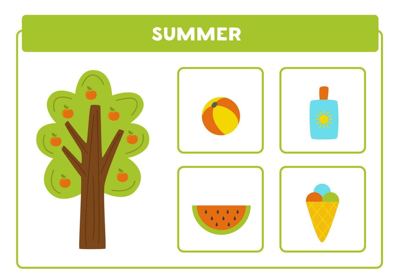 Learning season summer. ball, ice cream, watermelon, sun cream. vector