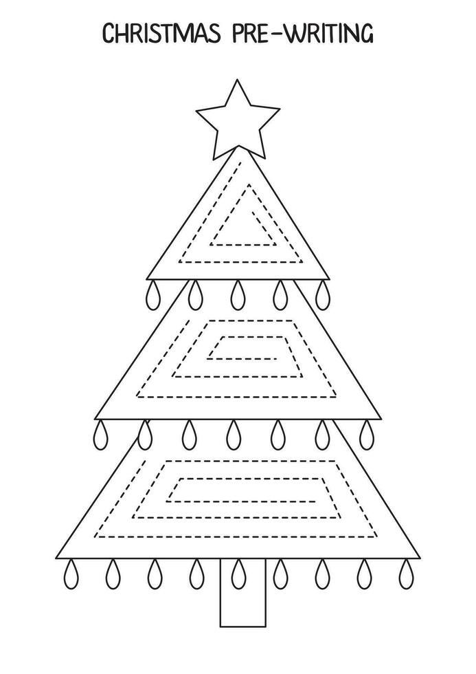 negro y blanco hoja de cálculo para niños. escritura práctica con Navidad árbol. vector