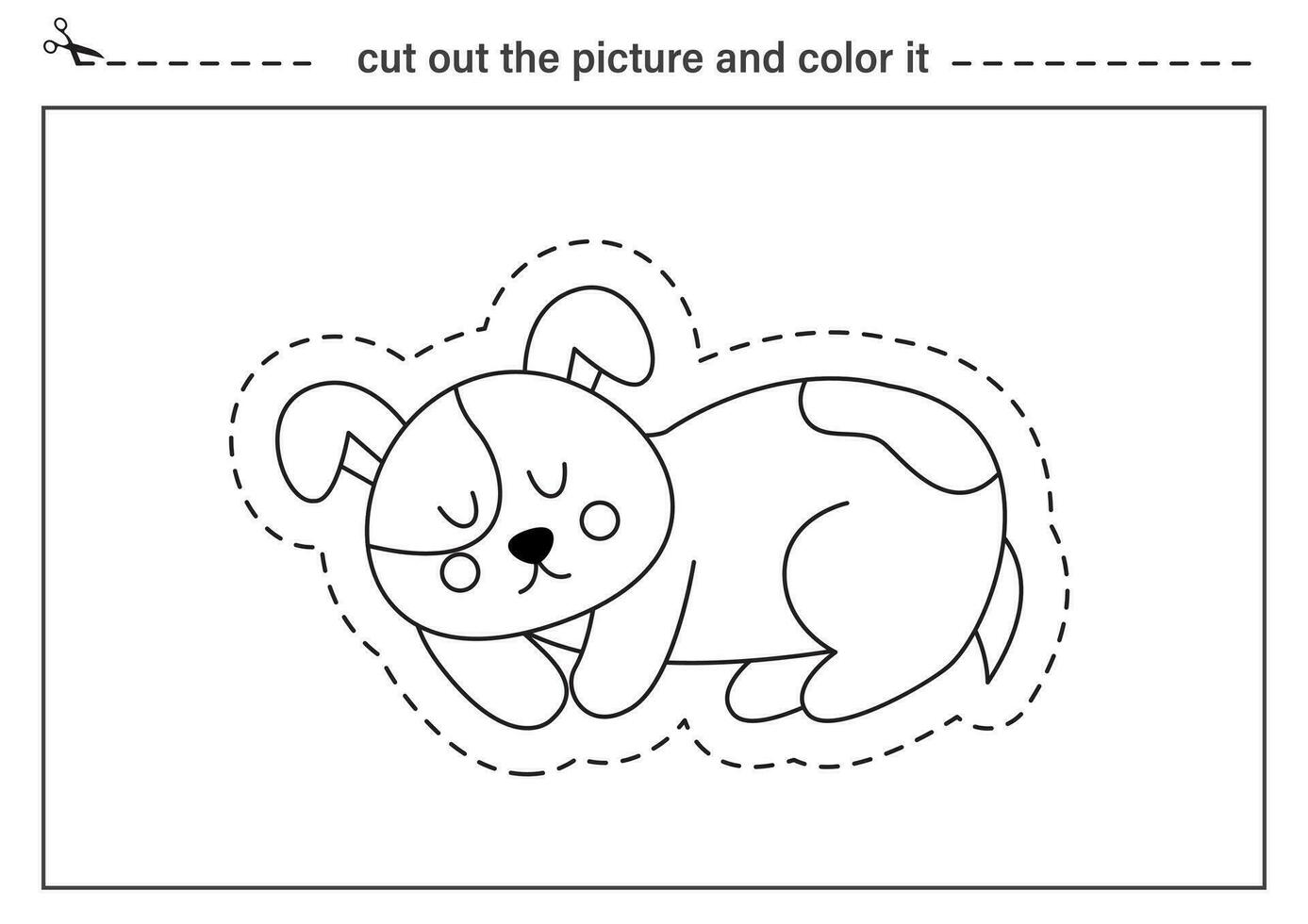 Cutting practice for kids. Black and white worksheet. Cut out and glue cute dog. vector