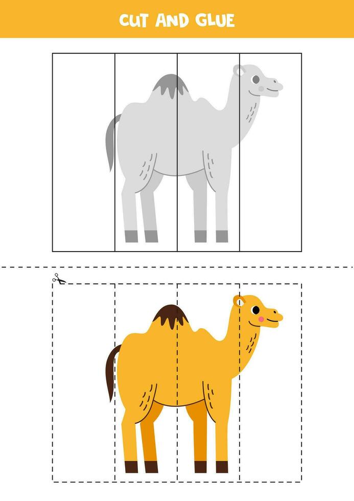 Cut and glue game for kids. Cute cartoon camel. vector
