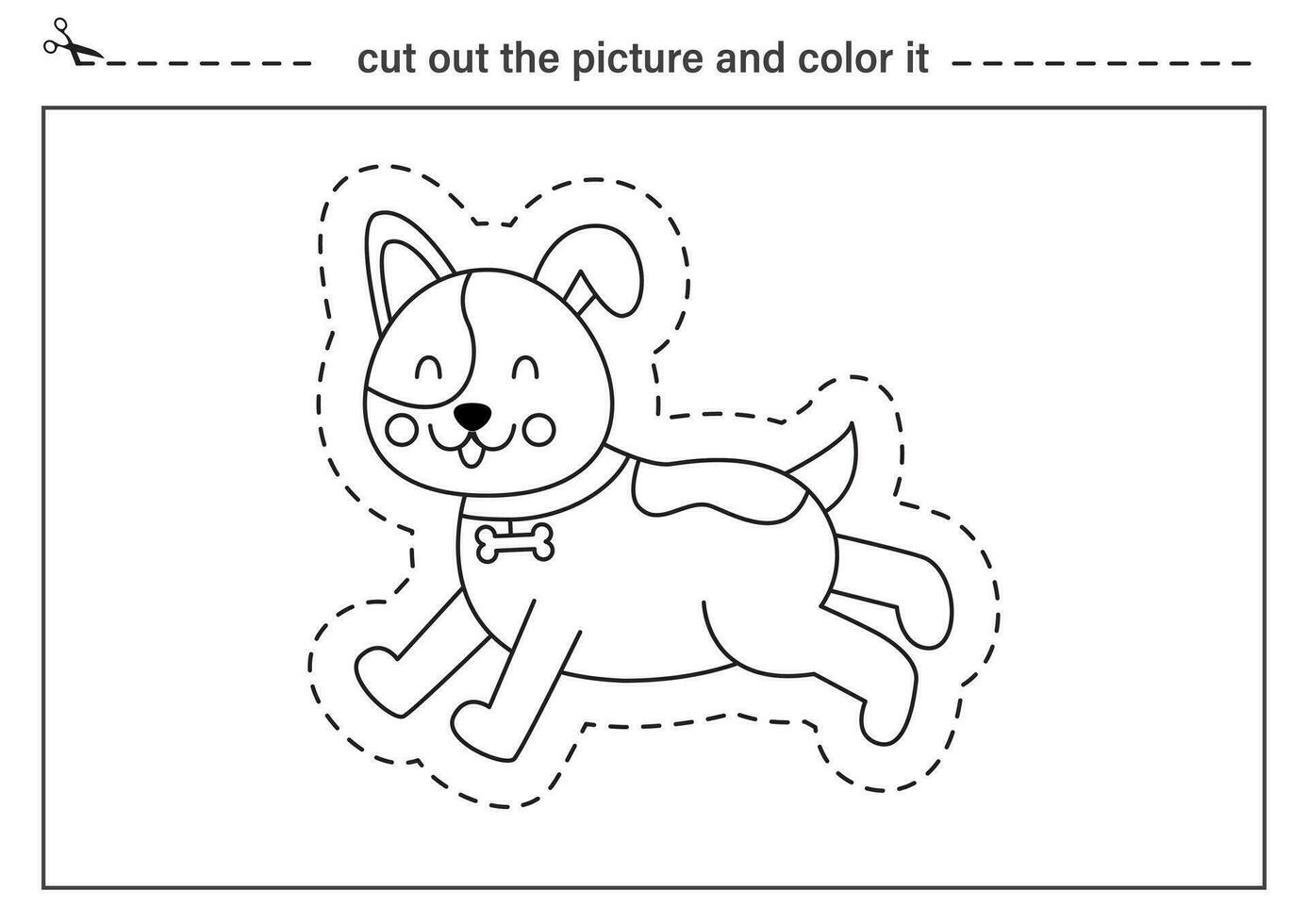 Cutting practice for kids. Black and white worksheet. Cut out and glue cute dog. vector