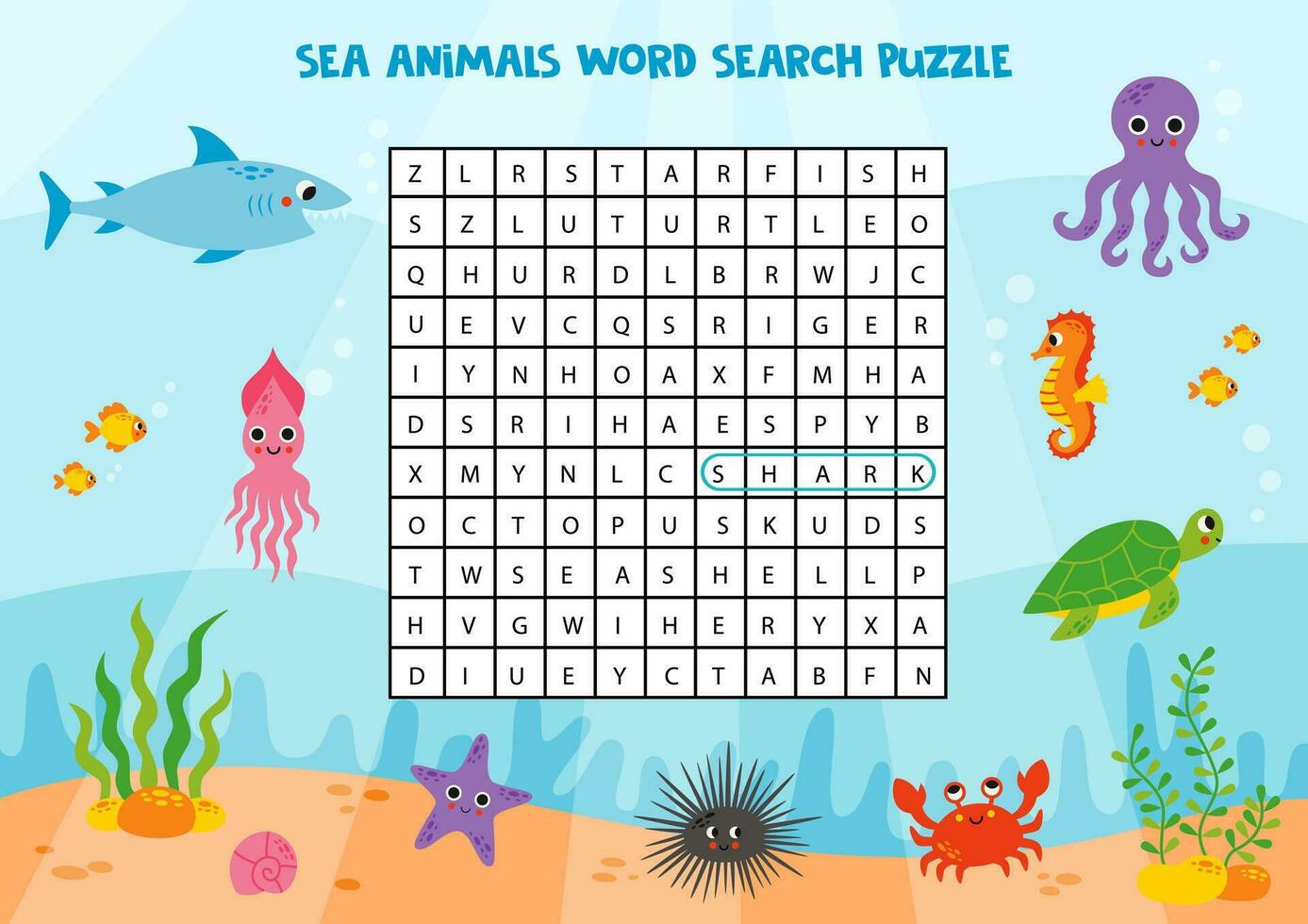 Sea animals word search puzzle for preschool kids. vector