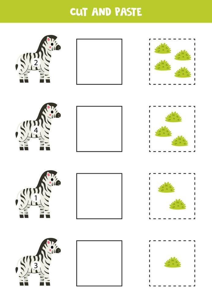 Cut and paste cute bushes according to the numbers on zebras. vector