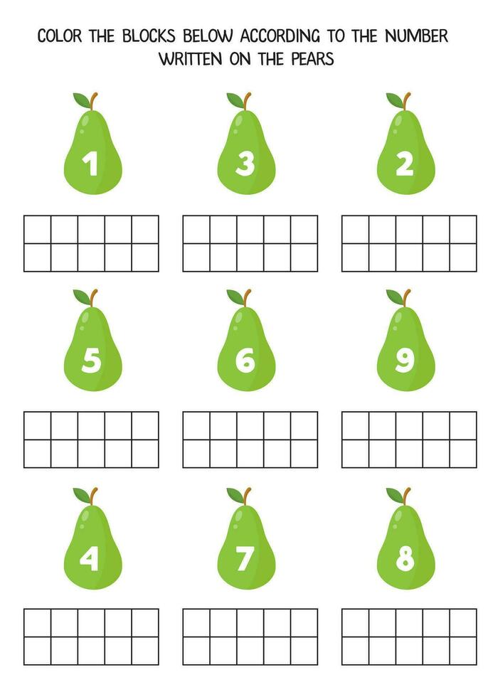 Color the blocks below according to the number on the pears. Math worksheet for kids. vector