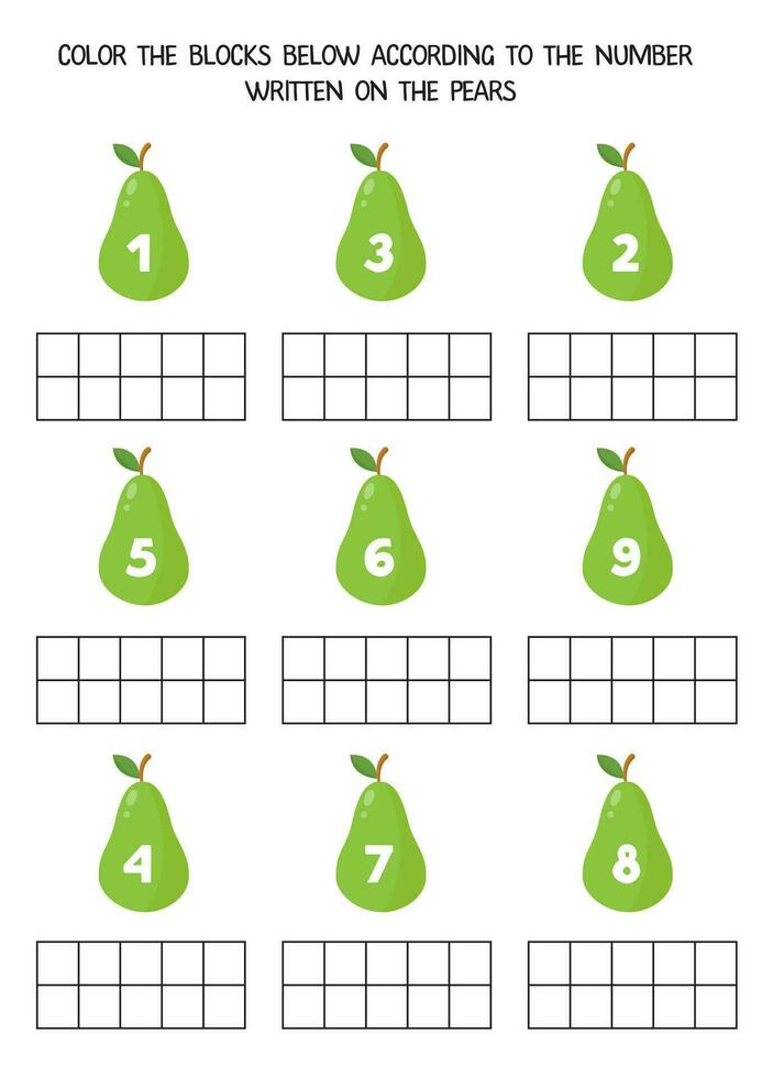 Color the blocks below according to the number on the pears. Math worksheet for kids. vector
