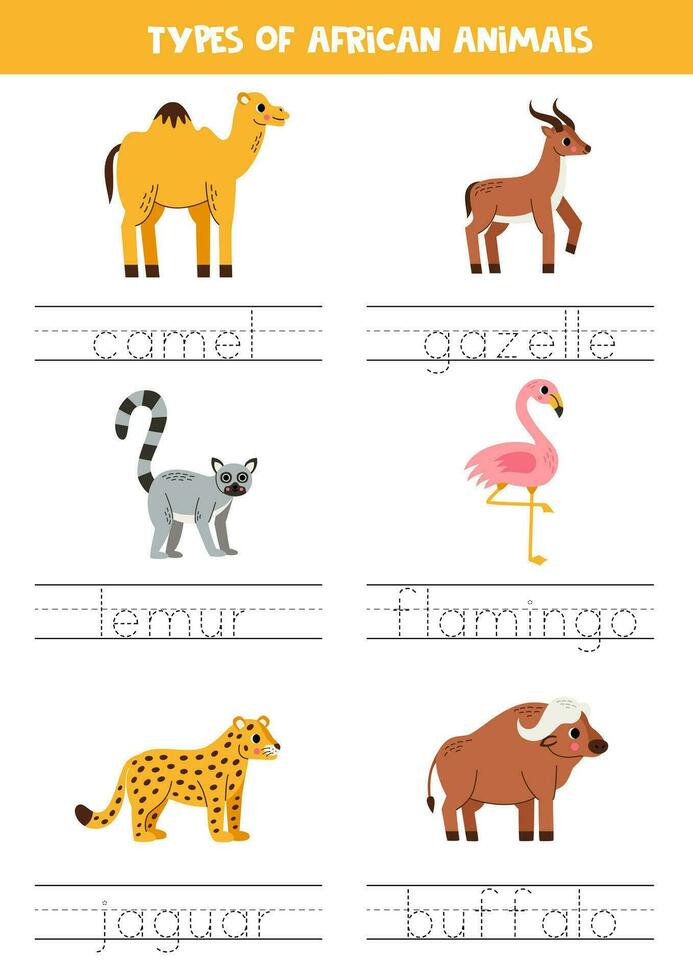 Tracing names of African animal types. Writing practice. vector