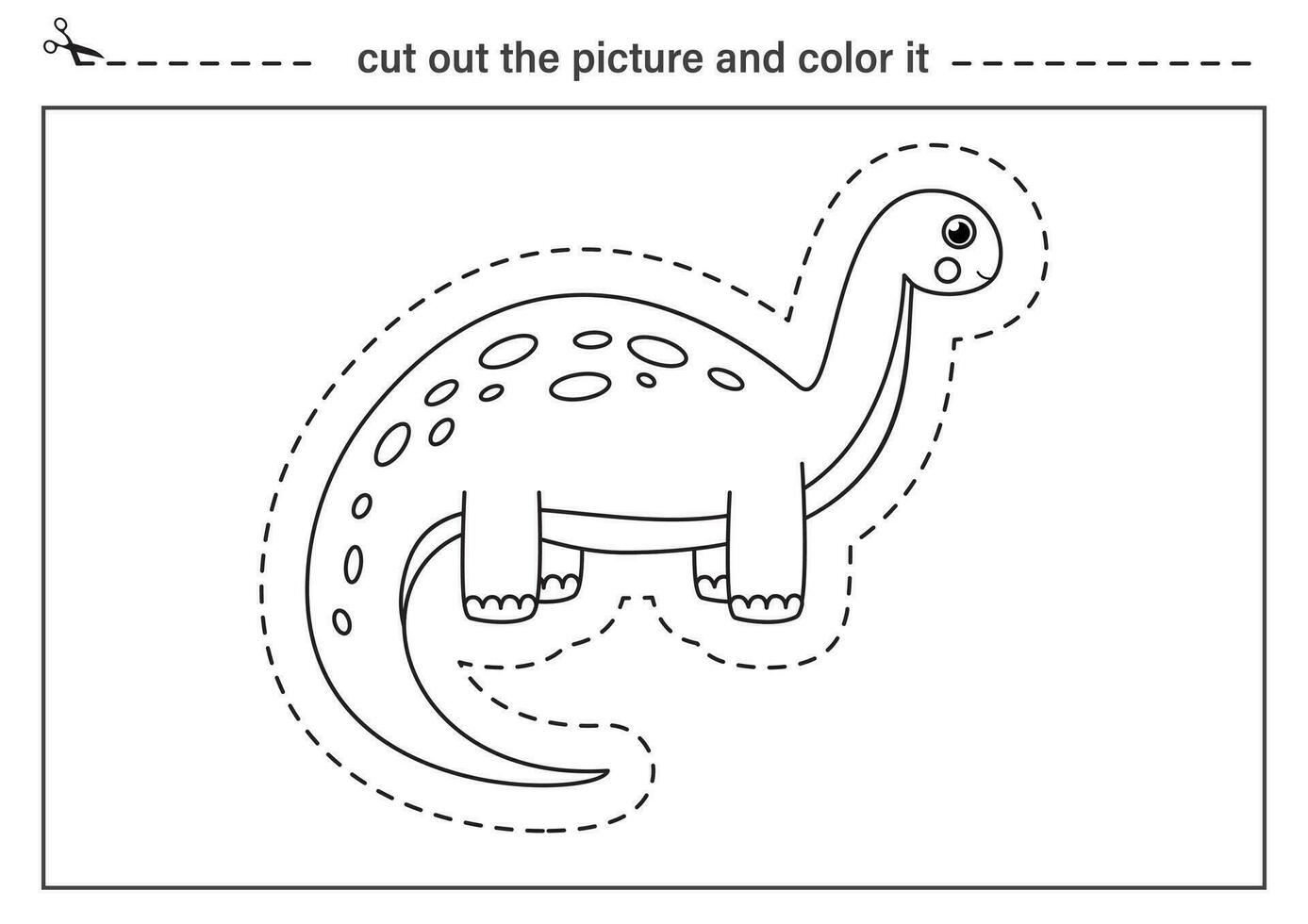 Cutting practice for kids. Black and white worksheet. Cut out and glue cute dinosaur. vector