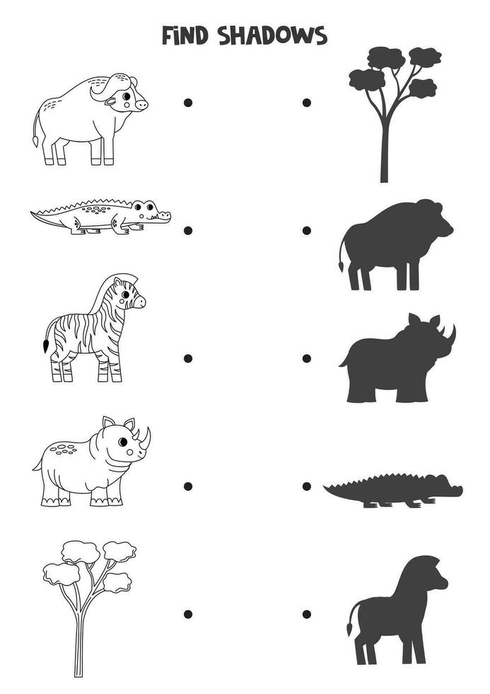 encontrar el correcto oscuridad de negro y blanco africano animales lógico rompecabezas para niños. vector