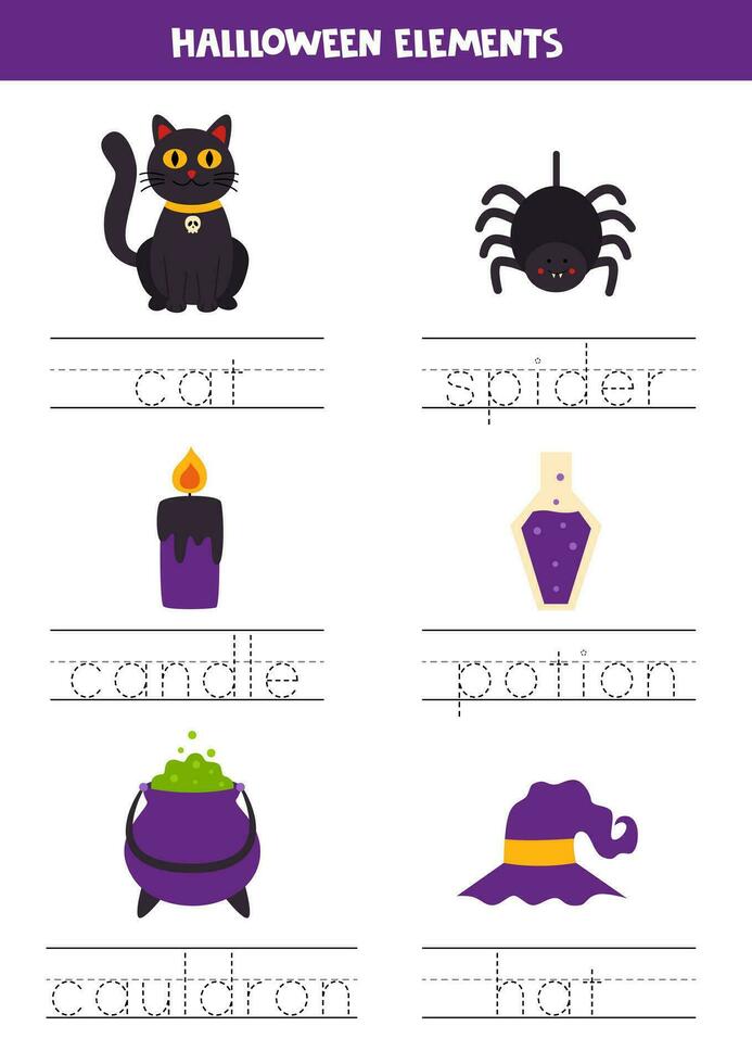 Tracing names of cute Halloween elements. Writing practice. vector