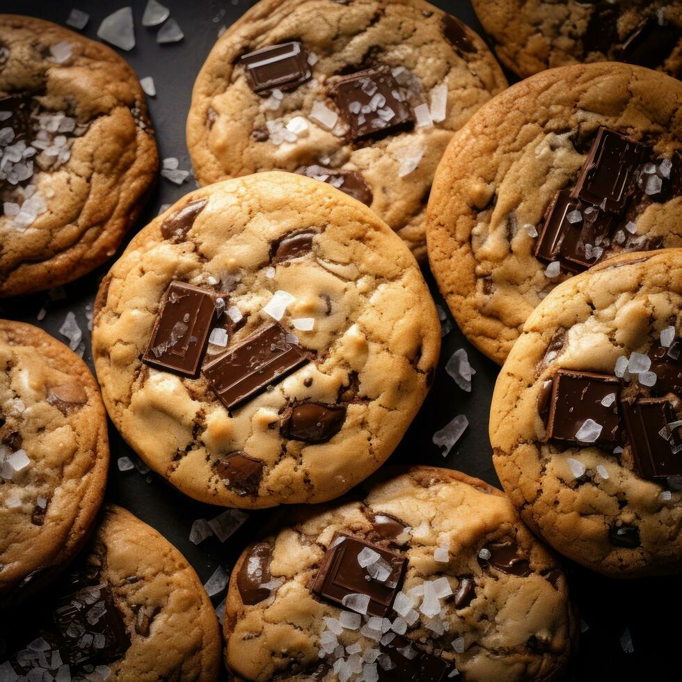 sweet tasty cookies with chocolate chips on the table. Generative Ai. photo