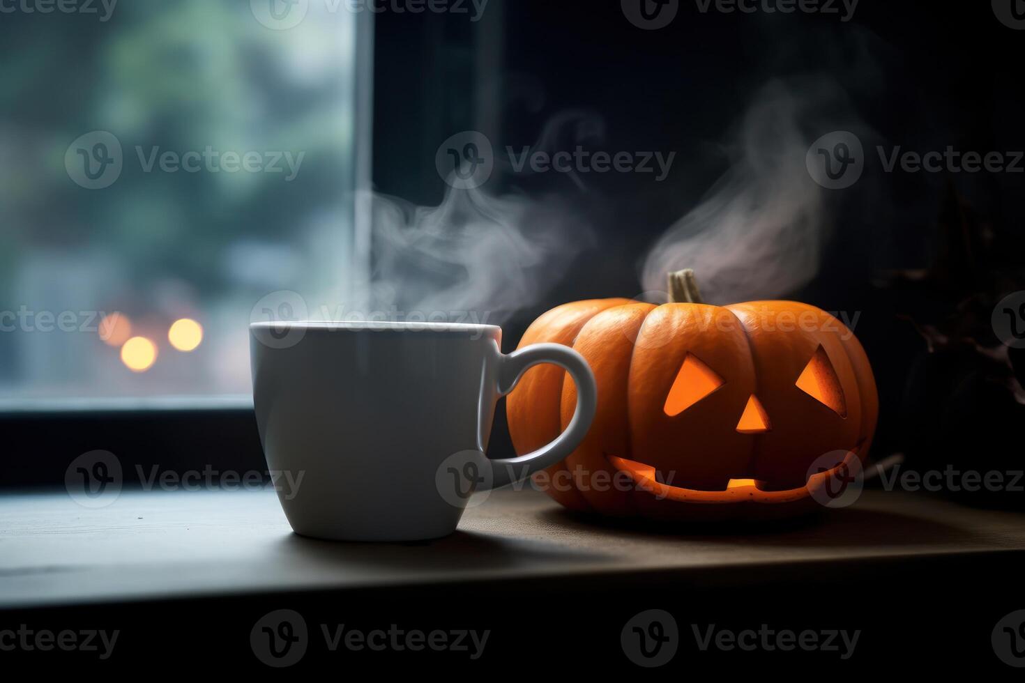 Halloween coffee pumpkin cup with a hot drink, and steam a festive banner for a cafe with a copy space. . photo