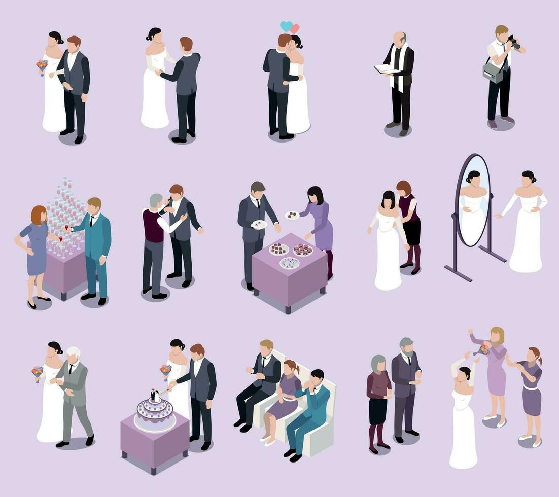 matrimonio isométrica icono conjunto vector