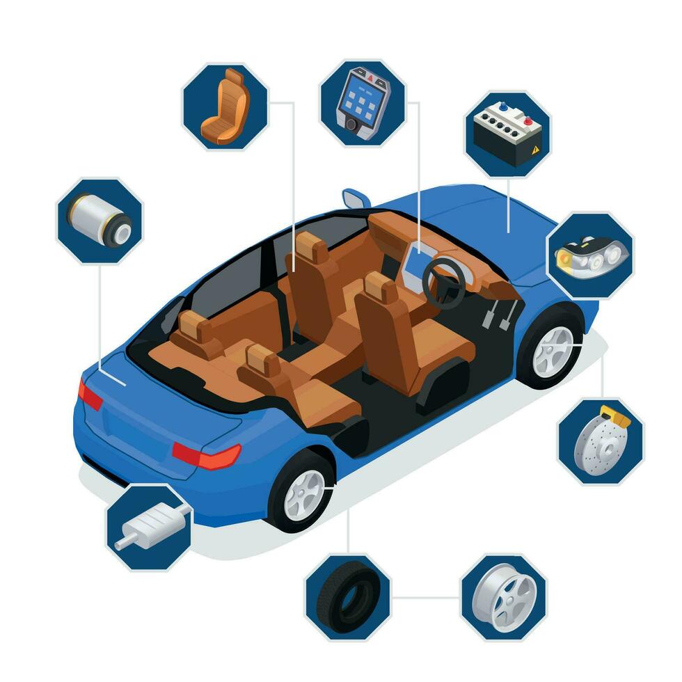 coche partes isométrica íconos vector