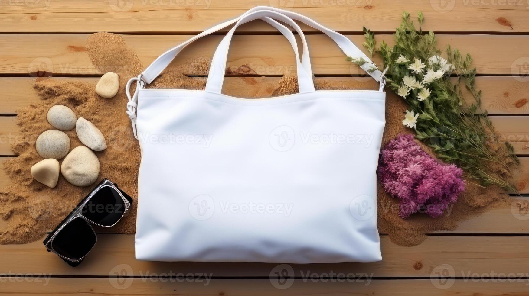 White tote bag canvas fabric. Cloth shopping sack mockup. Generative Ai. photo