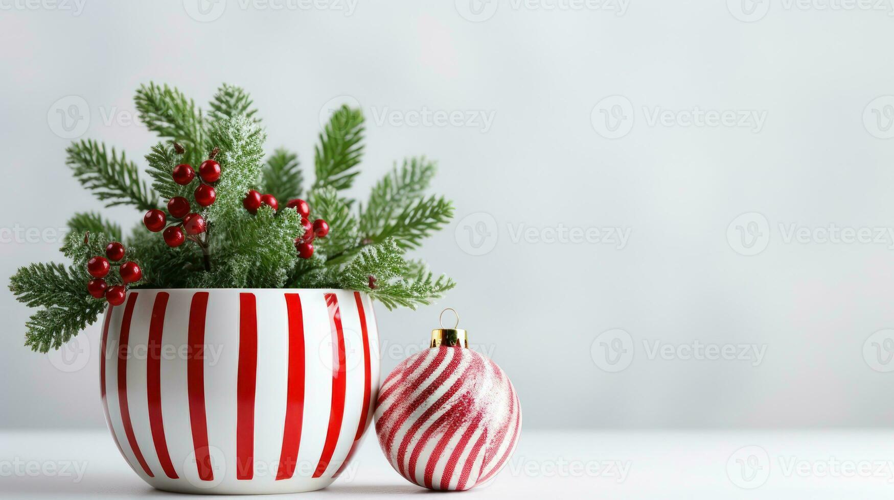 Background with Christmas decoration on white background. Template for greeting card. Generative Ai. photo