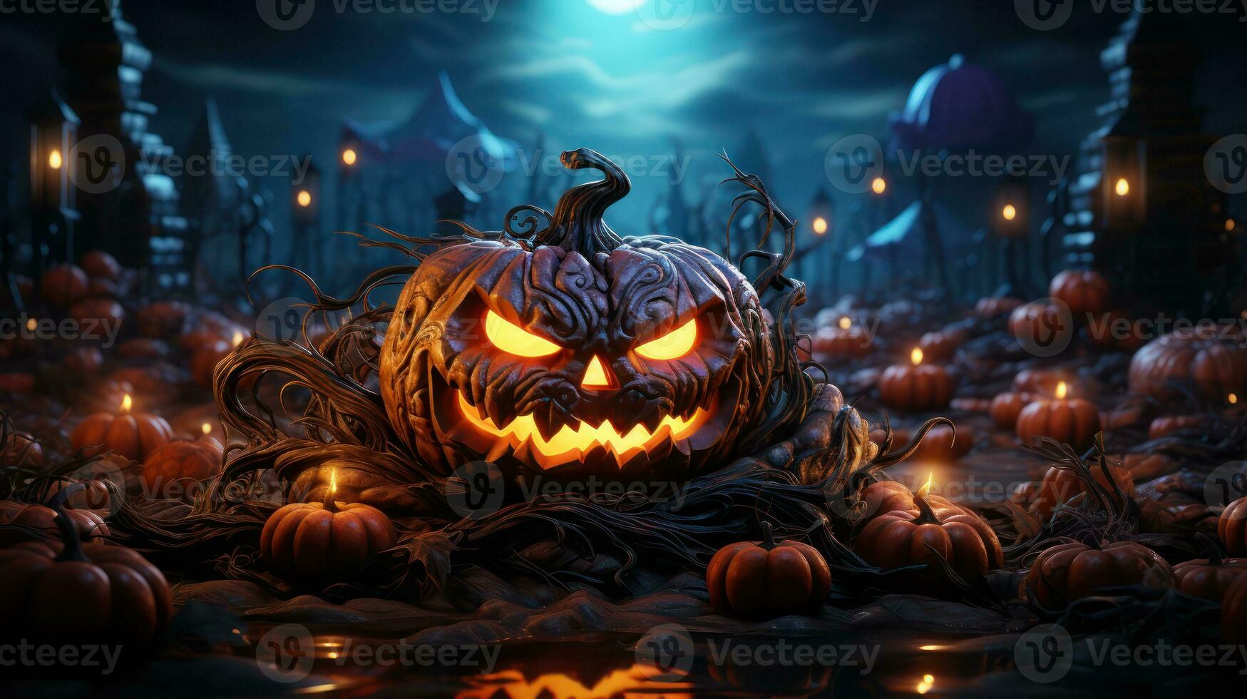 Halloween pumpkins in the graveyard on the spooky Night. Halloween background concept. Generative Ai. photo