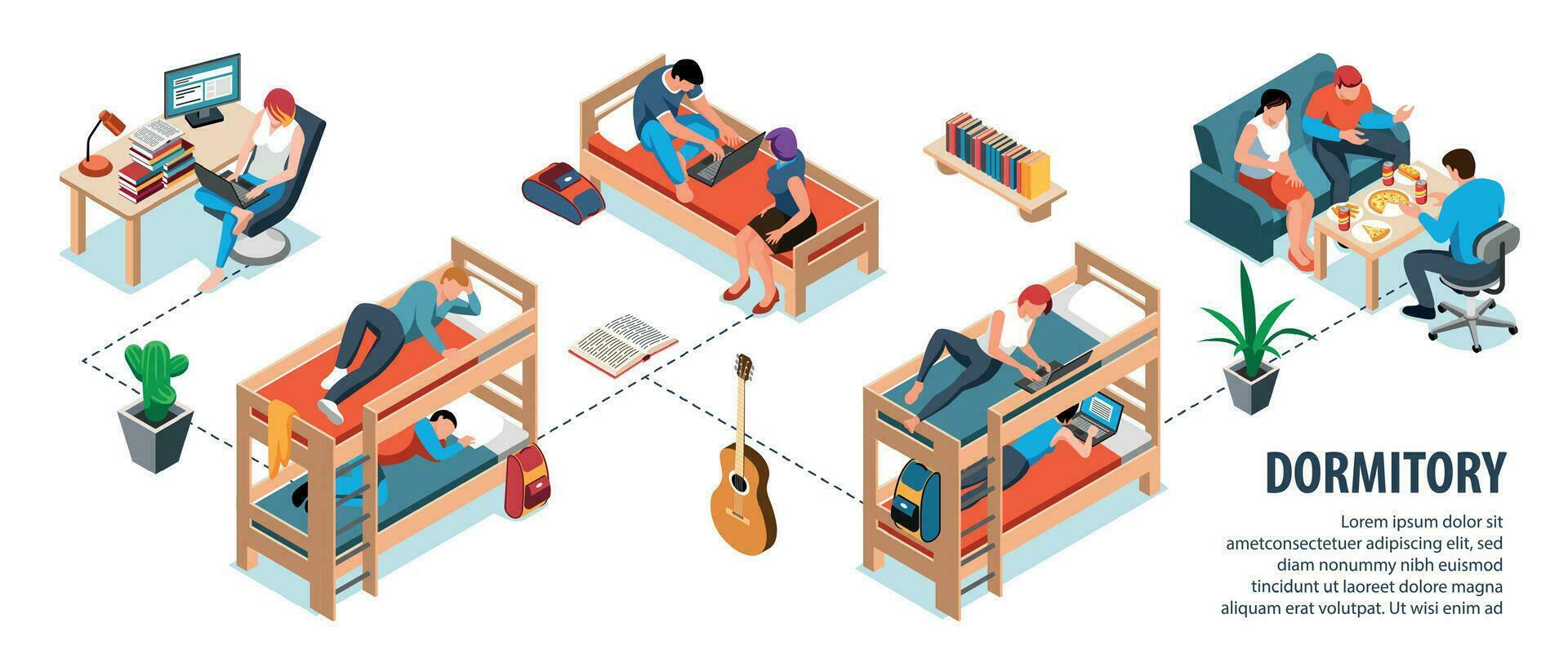 estudiante dormitorio isométrica infografia vector