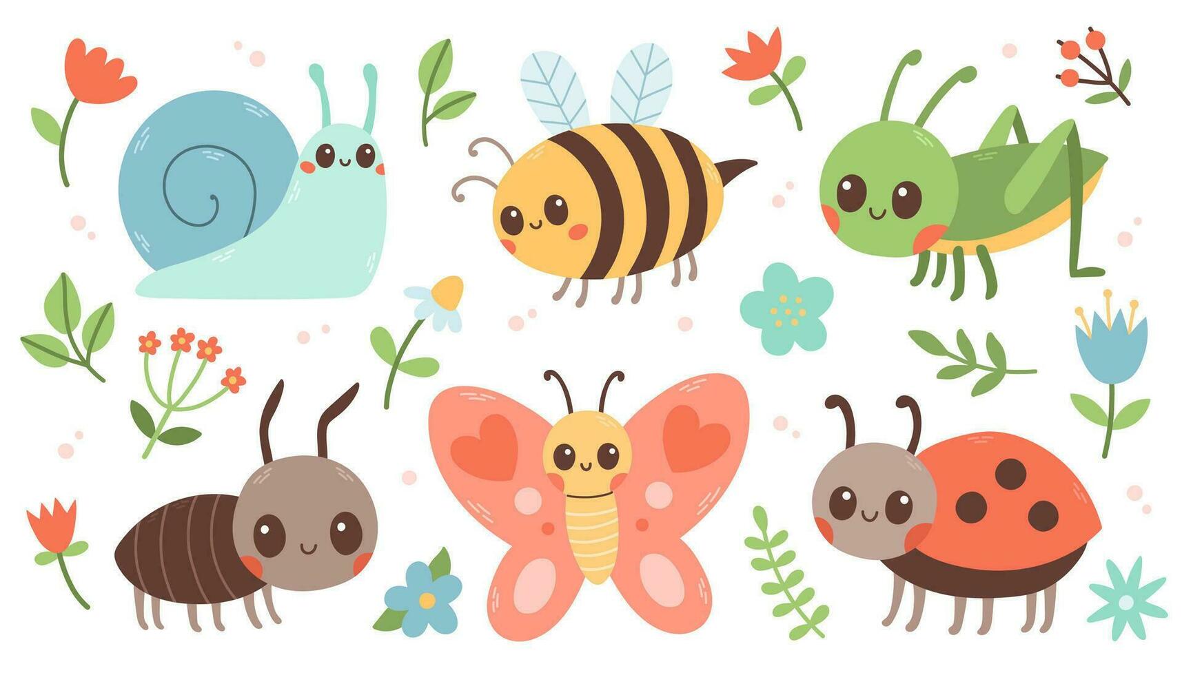 Cute insects cartoon flat set. Butterfly, ant, ladybug, bee, snail, grasshopper. Vector illustration isolated on white background