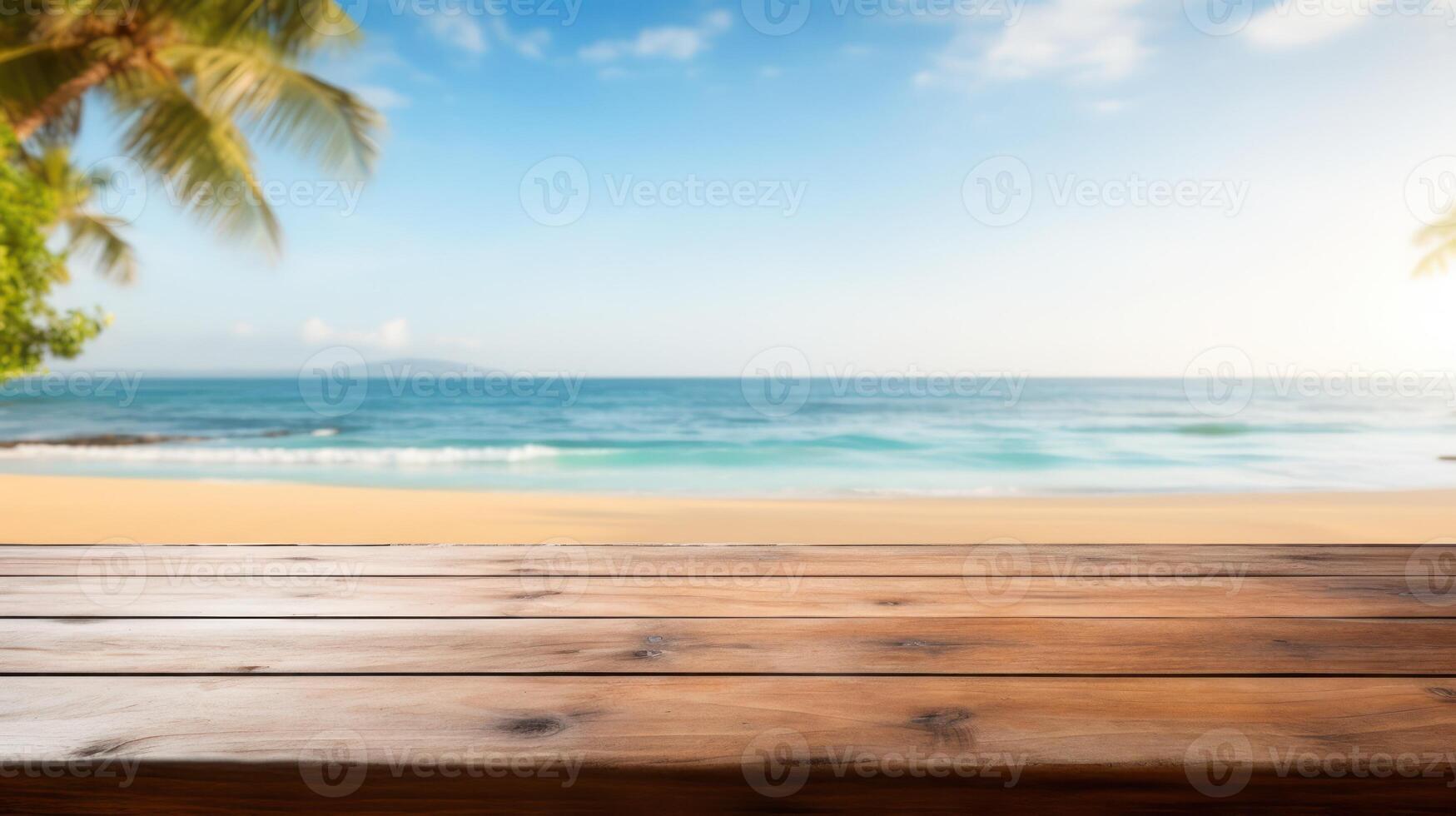 Wooden desk of free space for your decoration and summer landscape of beach. Generative Ai. photo