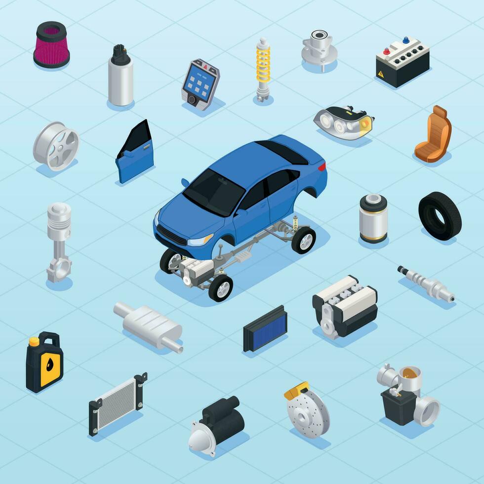 diagrama de flujo isométrico de piezas de automóvil vector