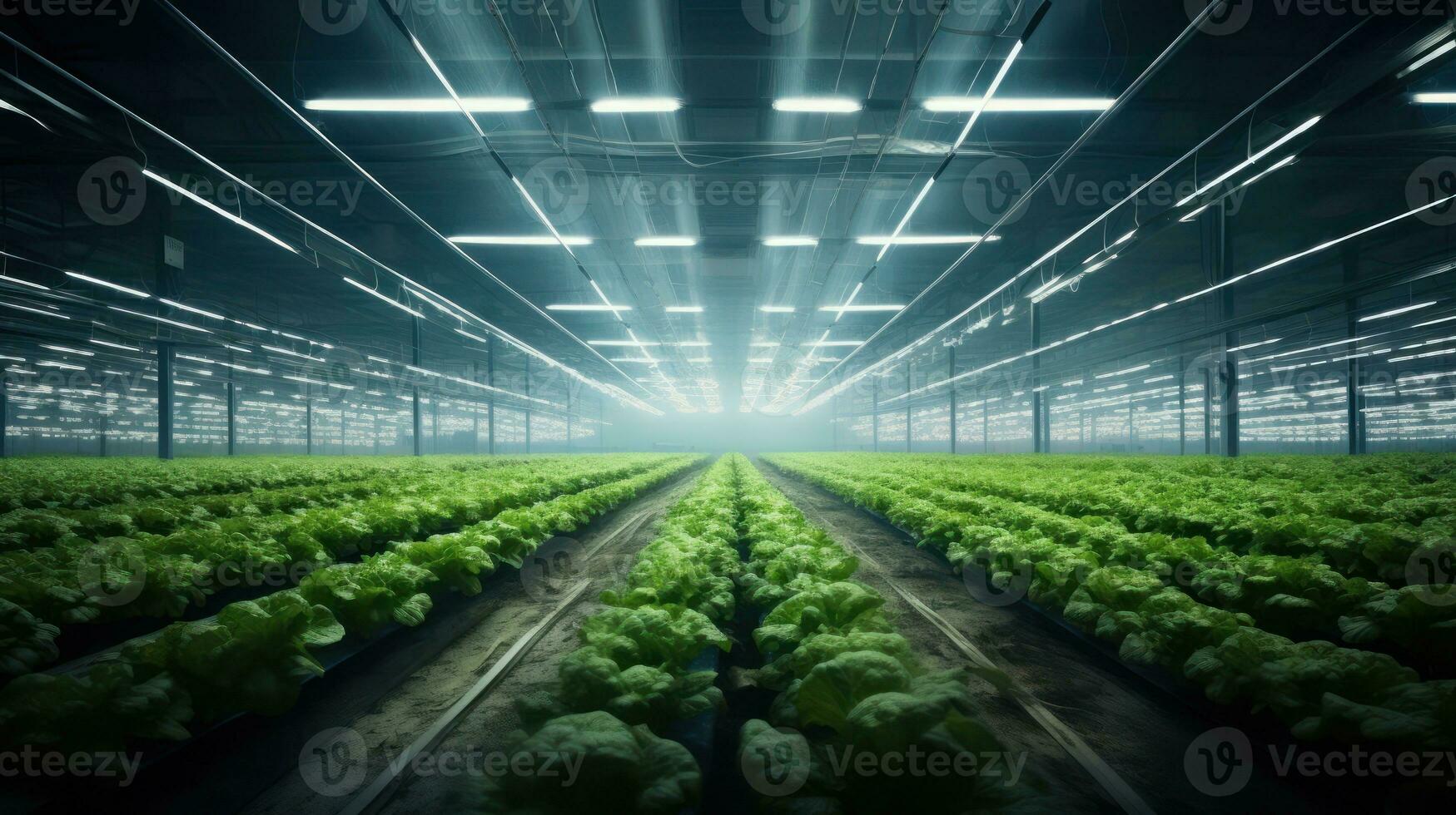 hidropónico interior vegetal planta fábrica en exposición espacio depósito. interior de el granja hidroponia. verde ensalada granja. lechuga romano creciente en invernadero con LED iluminación. generativo ai. foto