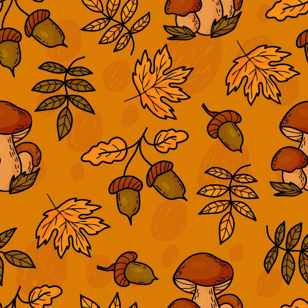 Forest autumn seamless pattern. Ceps mushrooms and acorns with autumn leaves on orange background.. Vector illustration Colorful autumnal background for design, packaging, wallpaper and textile.