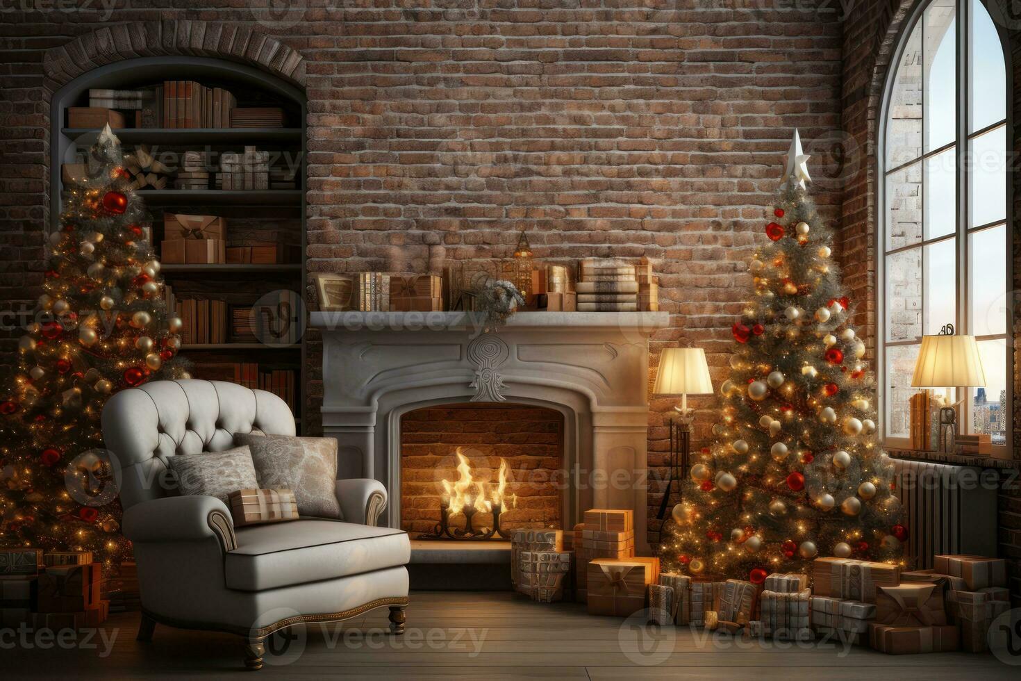 Stylish interior with beautiful Christmas tree and decorative fireplace. Generative Ai. photo
