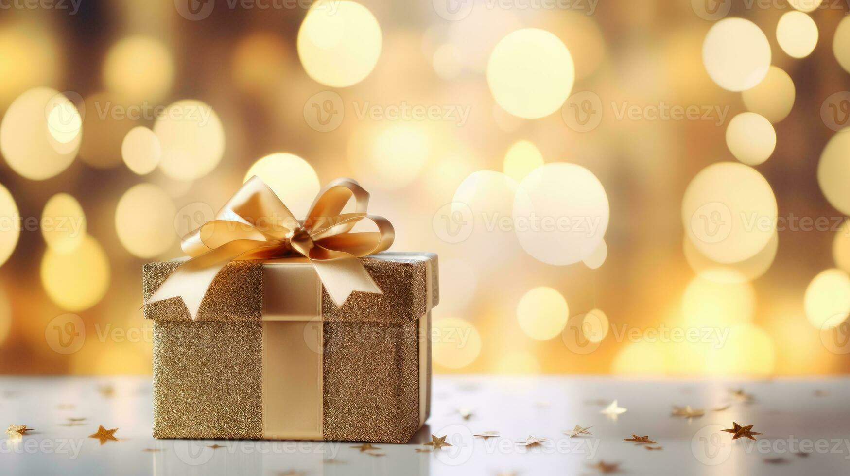 Gold giftbox on bokeh background. Generative Ai. photo