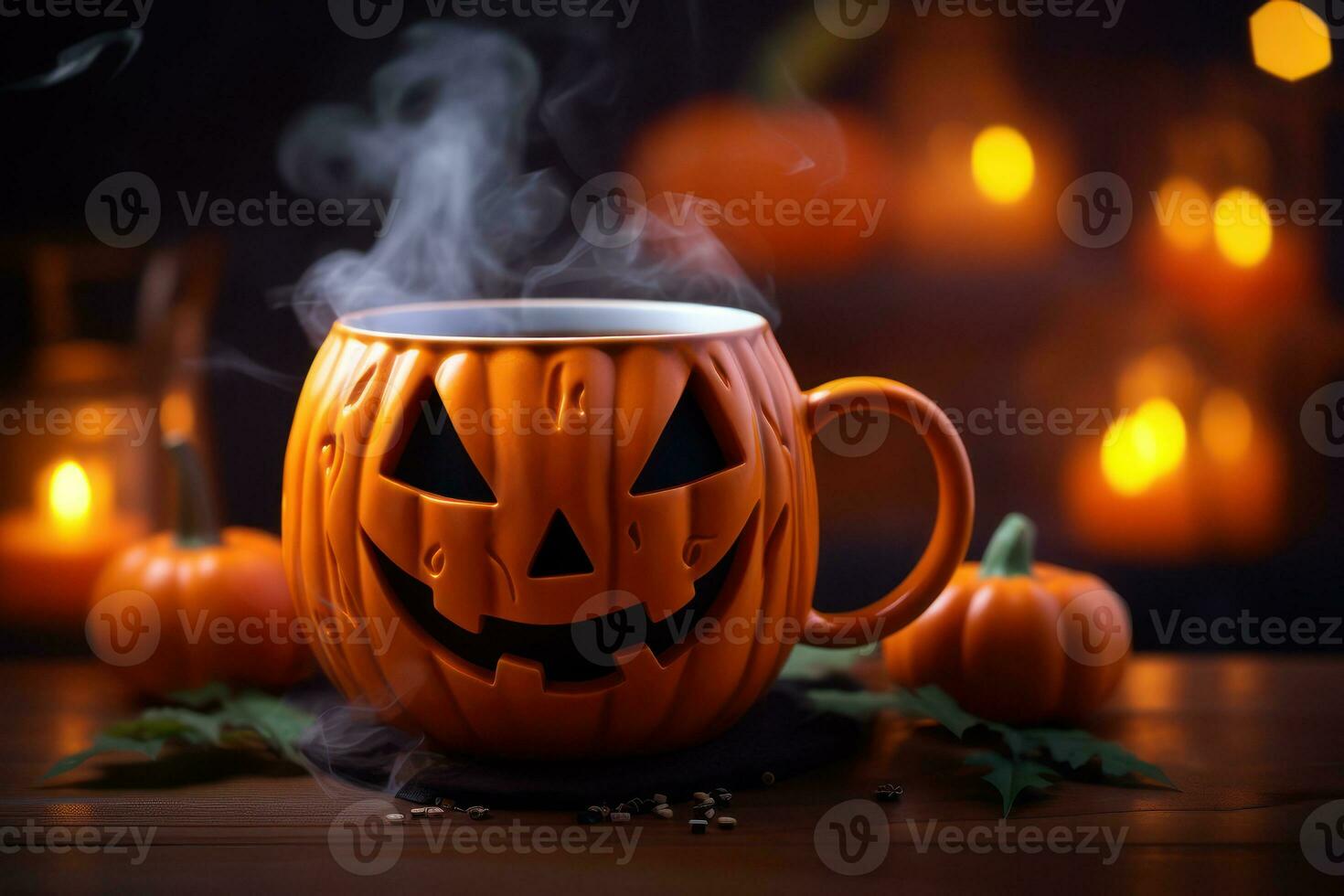 Halloween coffee,pumpkin cup with a hot drink and steam on a black scary background, a festive banner for a cafe with a copy space. Generative Ai. photo