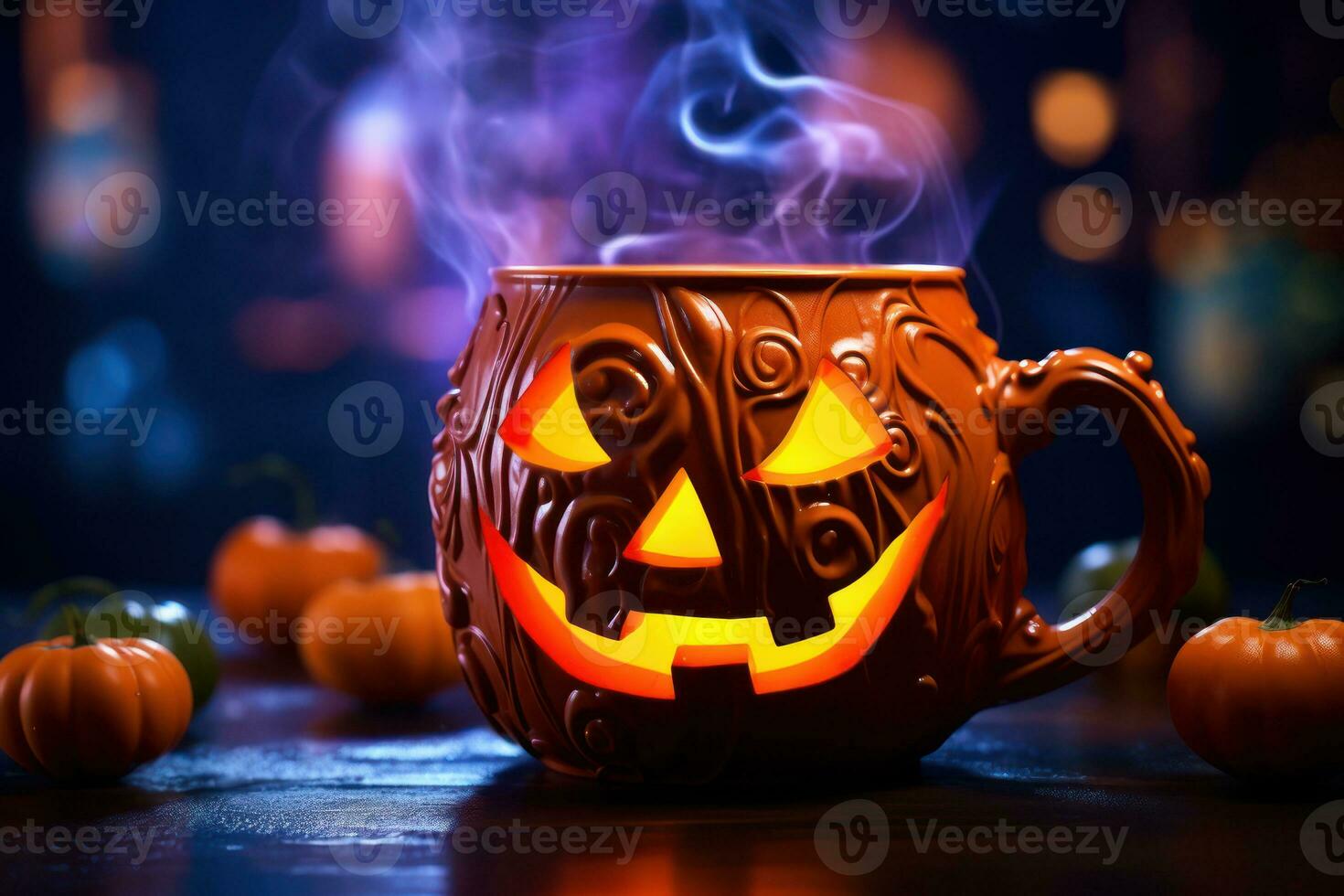 Halloween coffee,pumpkin cup with a hot drink and steam on a black scary background, a festive banner for a cafe with a copy space. Generative Ai. photo