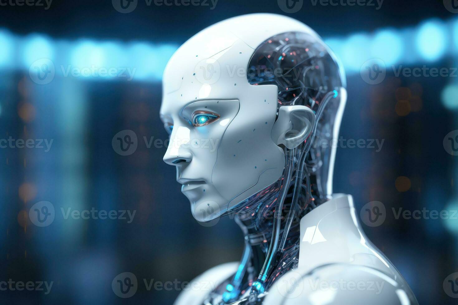 humanoid robot on white isolated. data network connection background. Generative Ai. photo