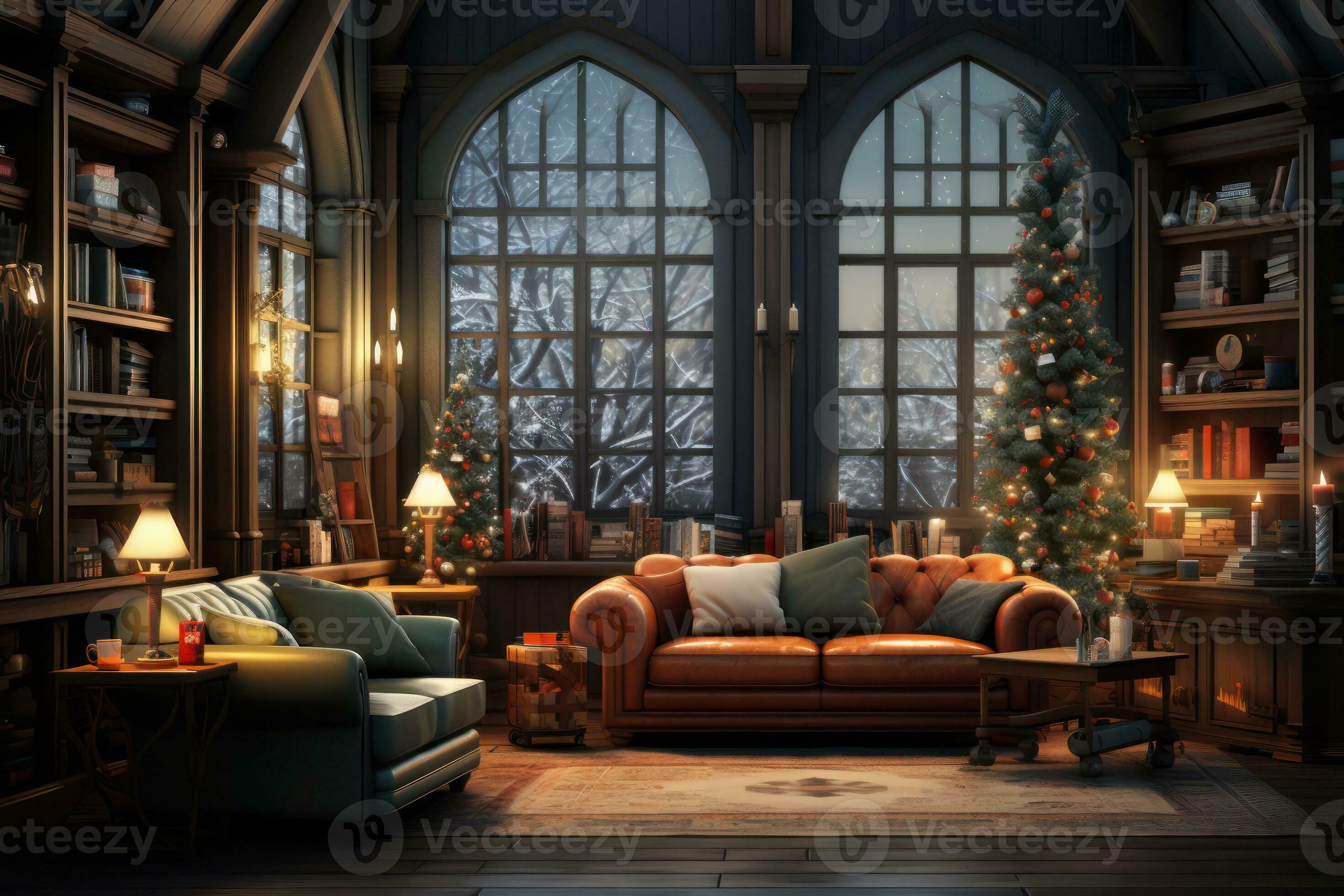 Hermoso interior de navidad con chimenea decorativa y abeto