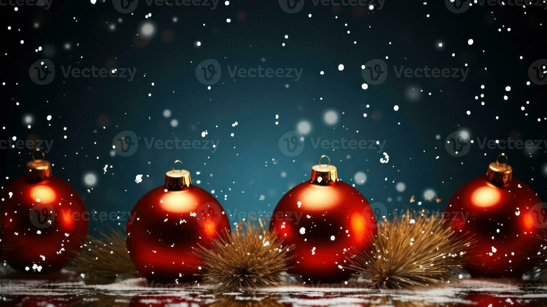 Christmas background with fir branches and balls on snow falling background. Generative Ai. photo